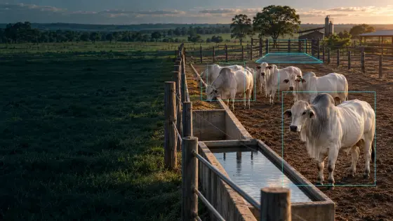 Gado e bebedouro em área de manejo