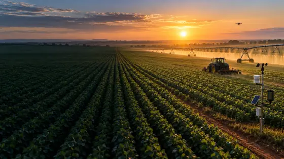 Lavoura com máquinas e irrigação