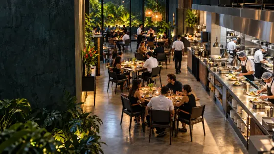 Salão e cozinha aberta de restaurante