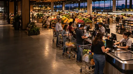 Filas e atendimento nos caixas do supermercado
