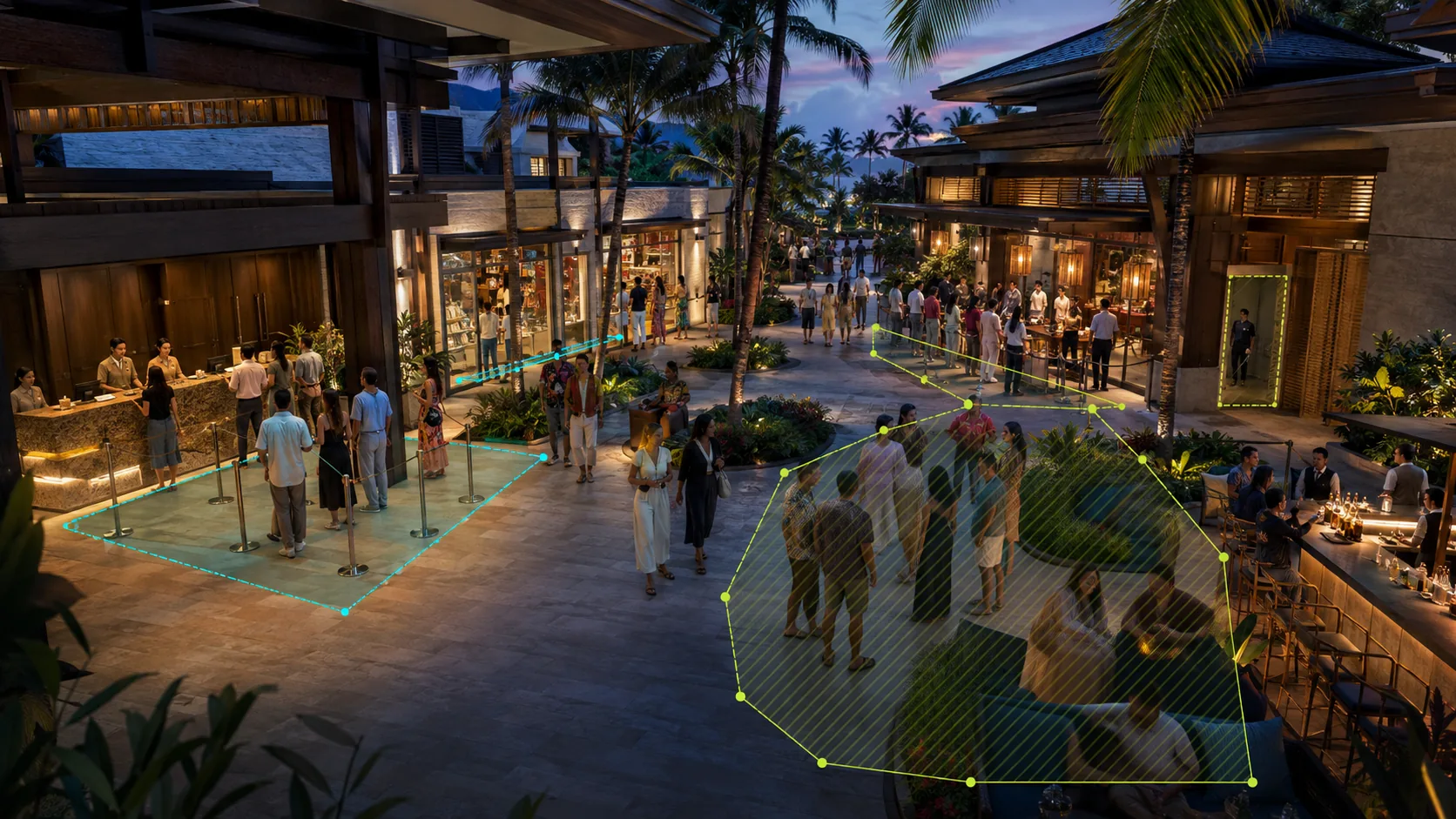 Monitoramento com inteligência artificial acompanhando filas e ocupação na recepção, lojas, bar e restaurante de um resort