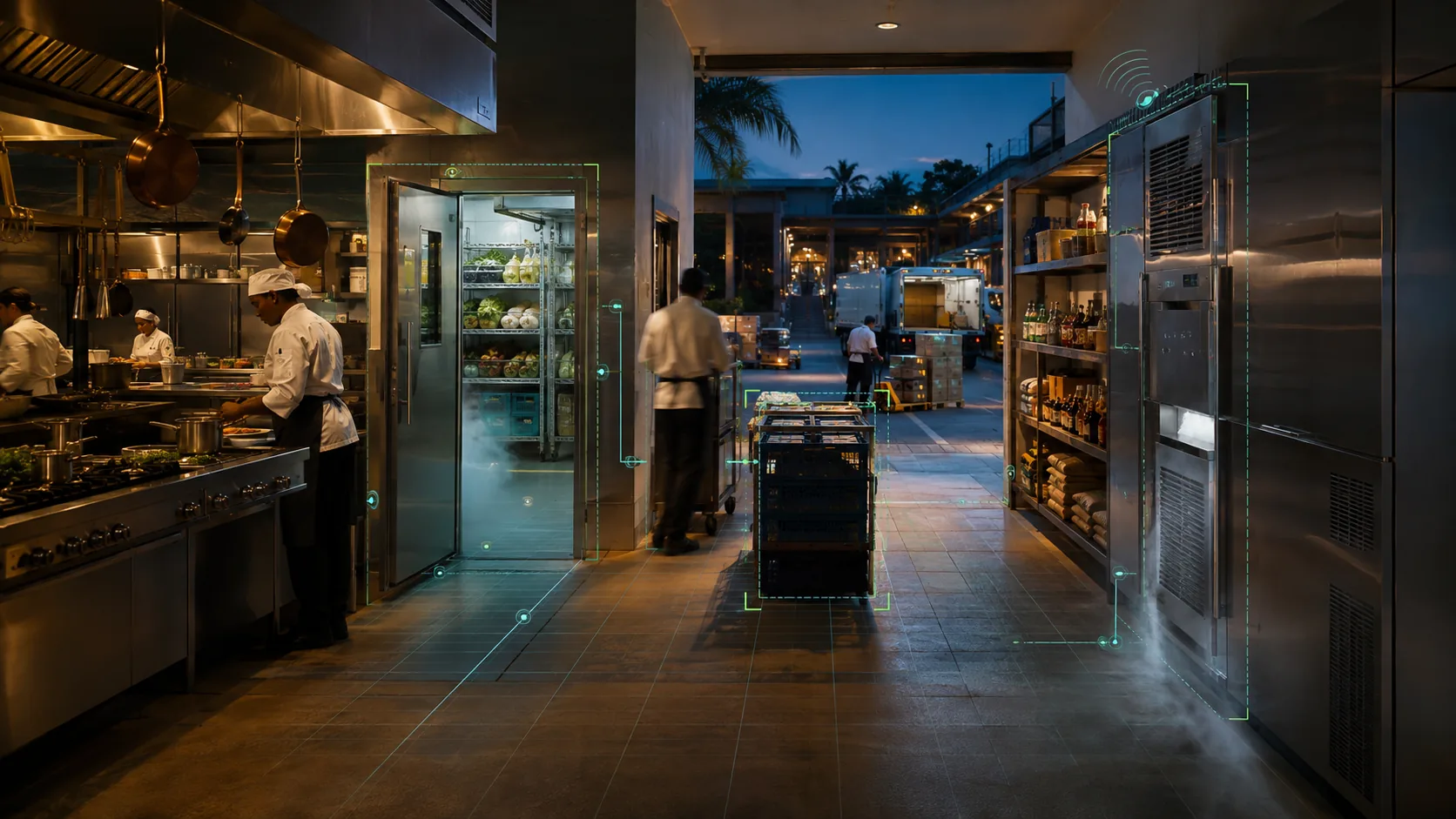 Monitoramento com inteligência artificial acompanhando cozinha profissional, câmara fria, estoque, corredor de serviço e doca de um resort