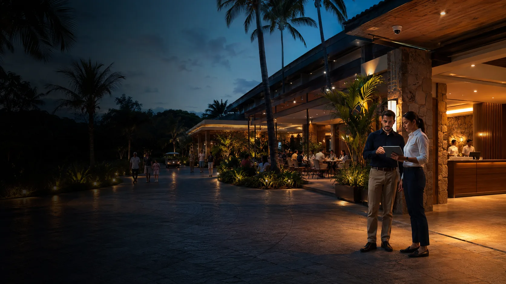 Gestora de resort e especialista avaliando no tablet o início de um projeto-piloto de monitoramento com inteligência artificial