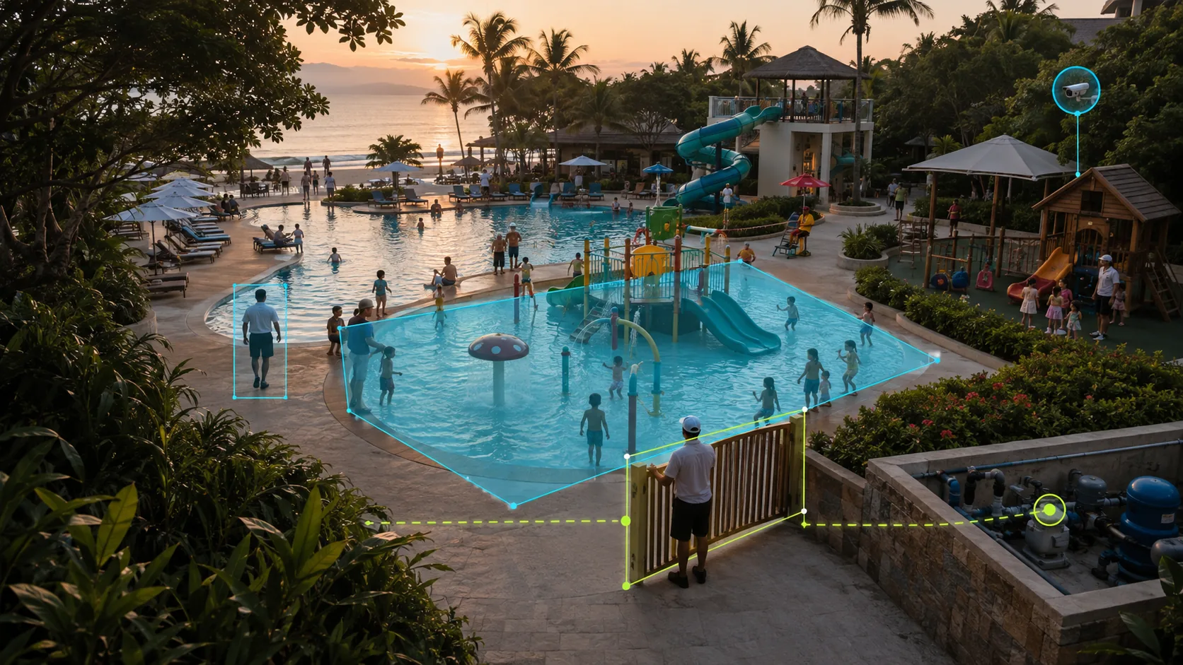 Monitoramento com inteligência artificial acompanhando piscina, área infantil, portão, ocupação, câmera e equipamentos de lazer de um resort