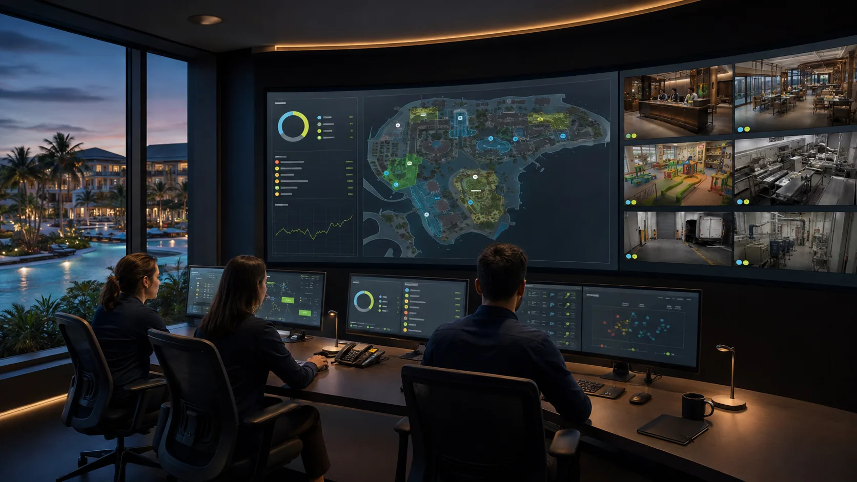 Central de monitoramento acompanhando mapa, câmeras, detecções e saúde dos pontos conectados de um resort