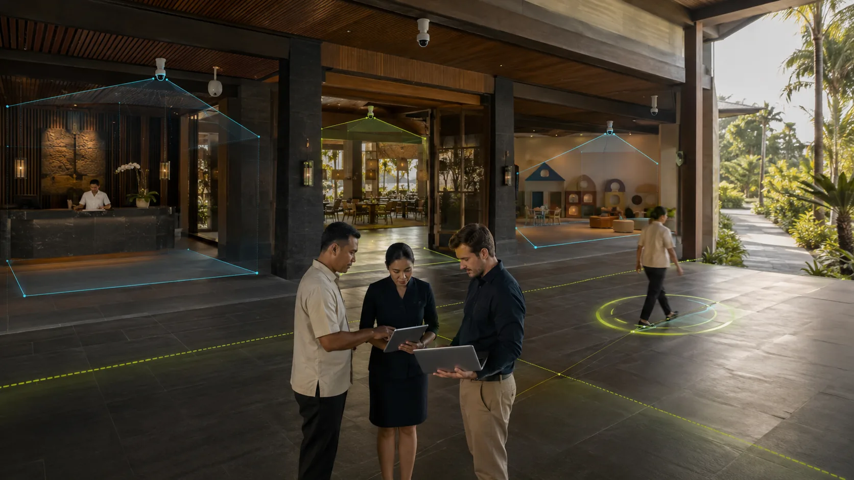 Equipe do resort e especialista configurando zonas e validando detecções com inteligência artificial em áreas reais da propriedade