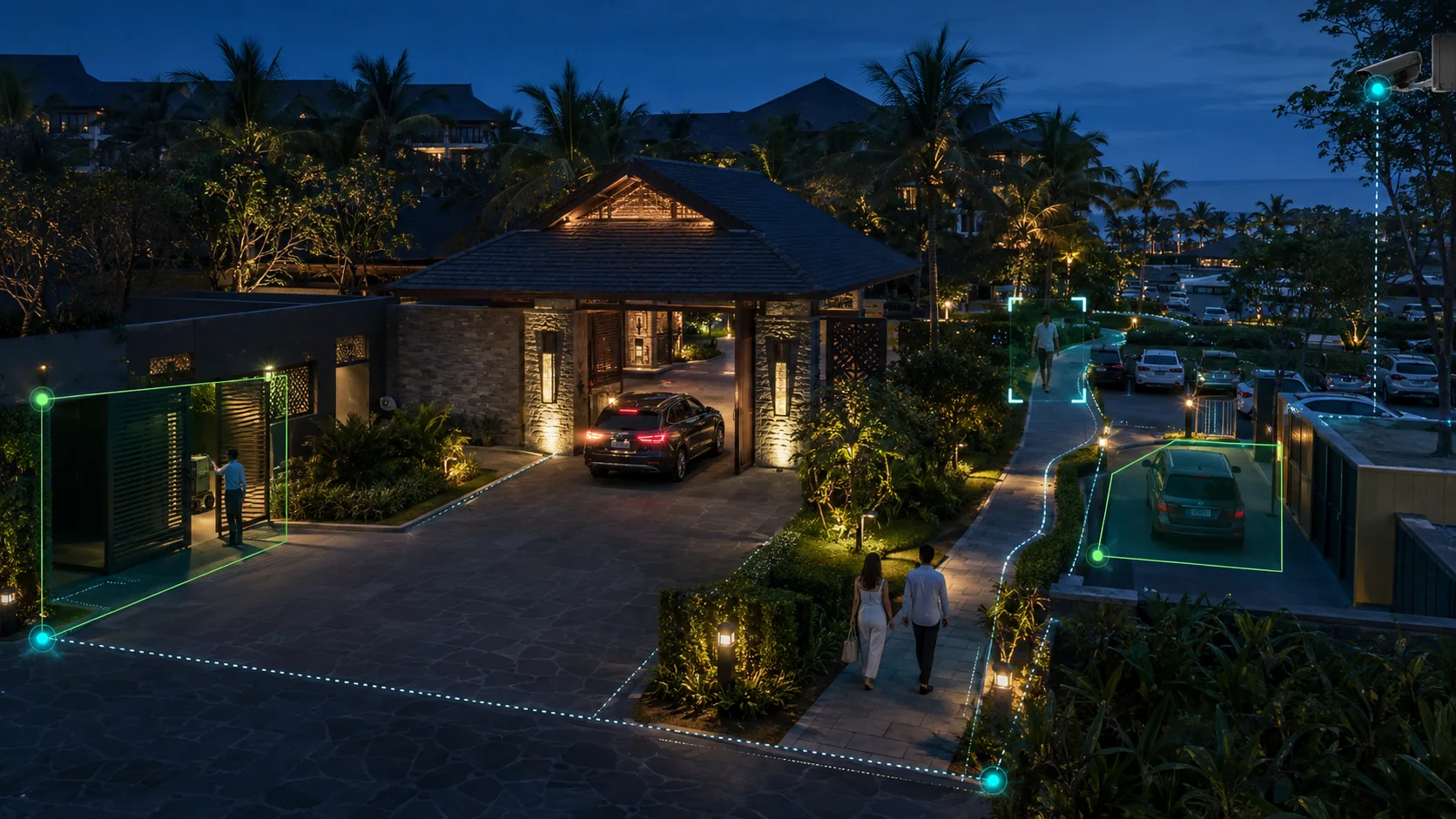 Monitoramento com inteligência artificial acompanhando entrada principal, portão de serviço, estacionamento e perímetro de um resort