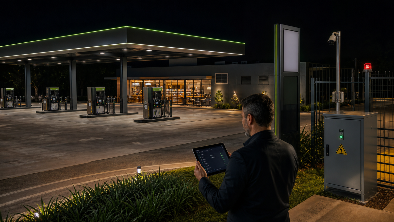 Gestor acompanhando iluminação, climatização, alarmes, painéis, acessos e equipamentos conectados no posto