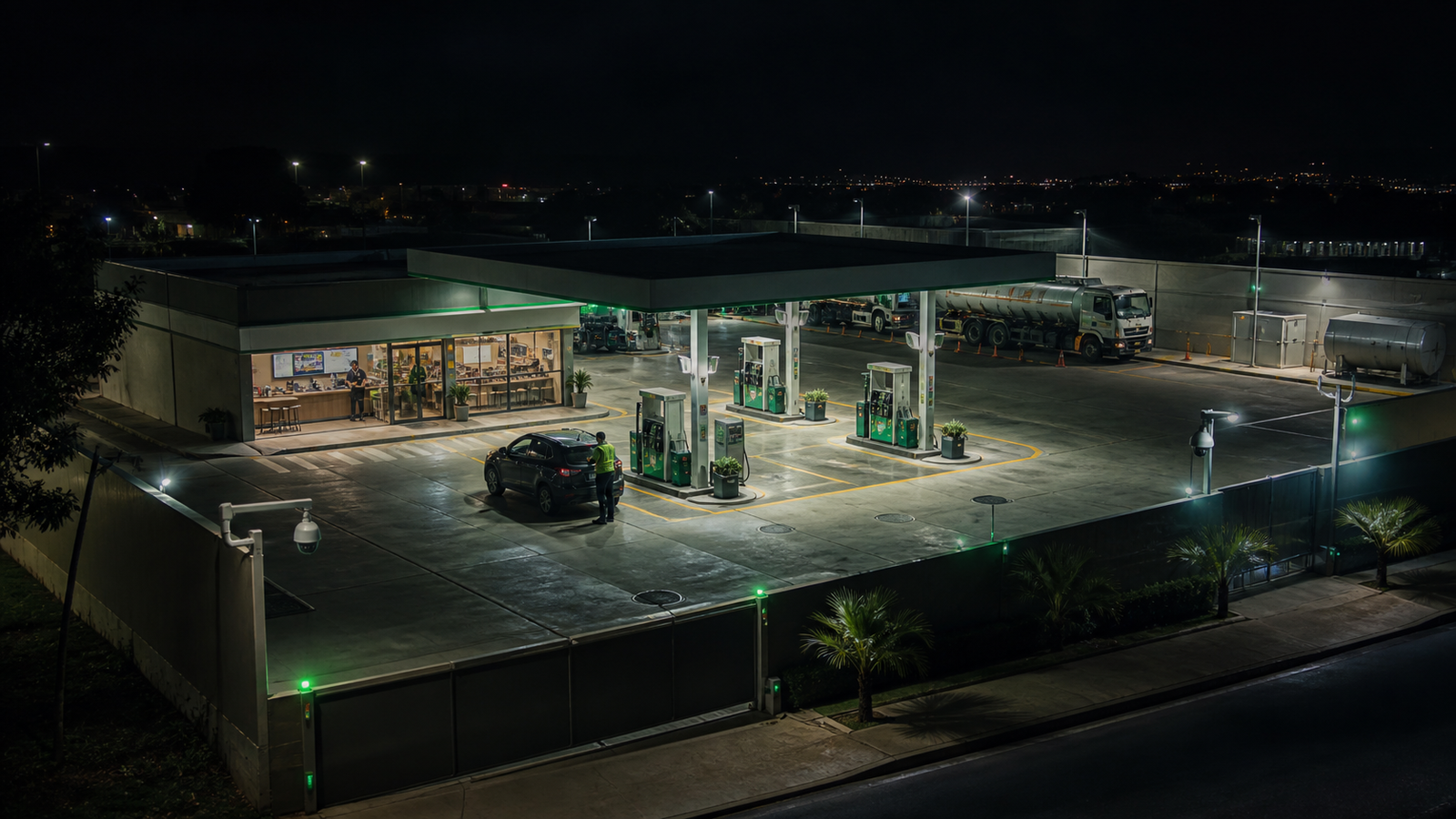 Visão noturna de um posto com pista, conveniência, área técnica, perímetro e câmeras integrados à supervisão operacional