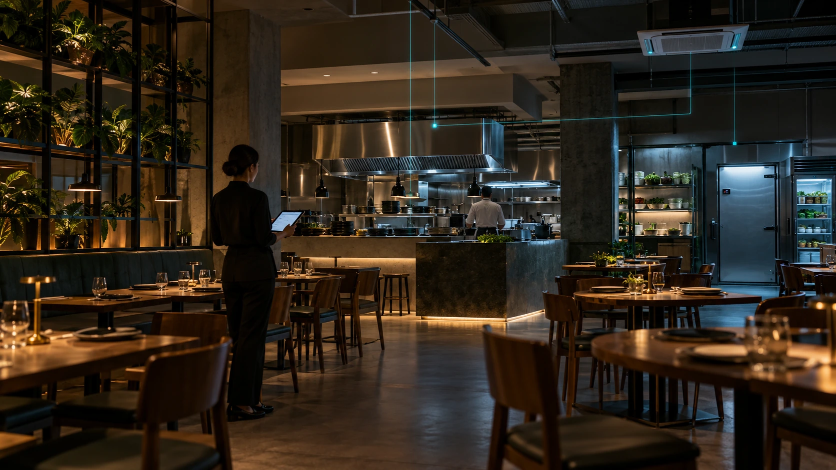 Gerente de restaurante acompanhando em um tablet a automação de exaustão, iluminação, climatização, refrigeração e acessos da cozinha e do salão