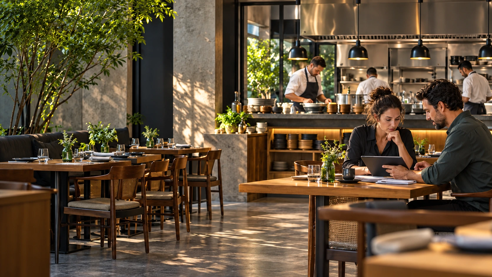 Proprietária de restaurante e especialista avaliando no tablet o início de um projeto-piloto com o salão ao fundo