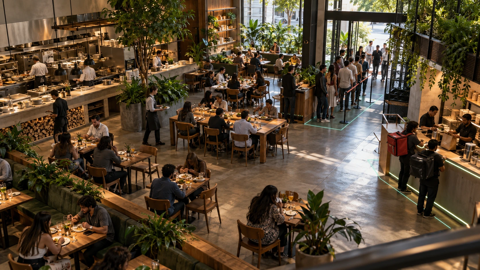 Visão ampla do salão de um restaurante com análise anônima de ocupação das mesas, fila de espera na entrada e balcão de retirada de delivery