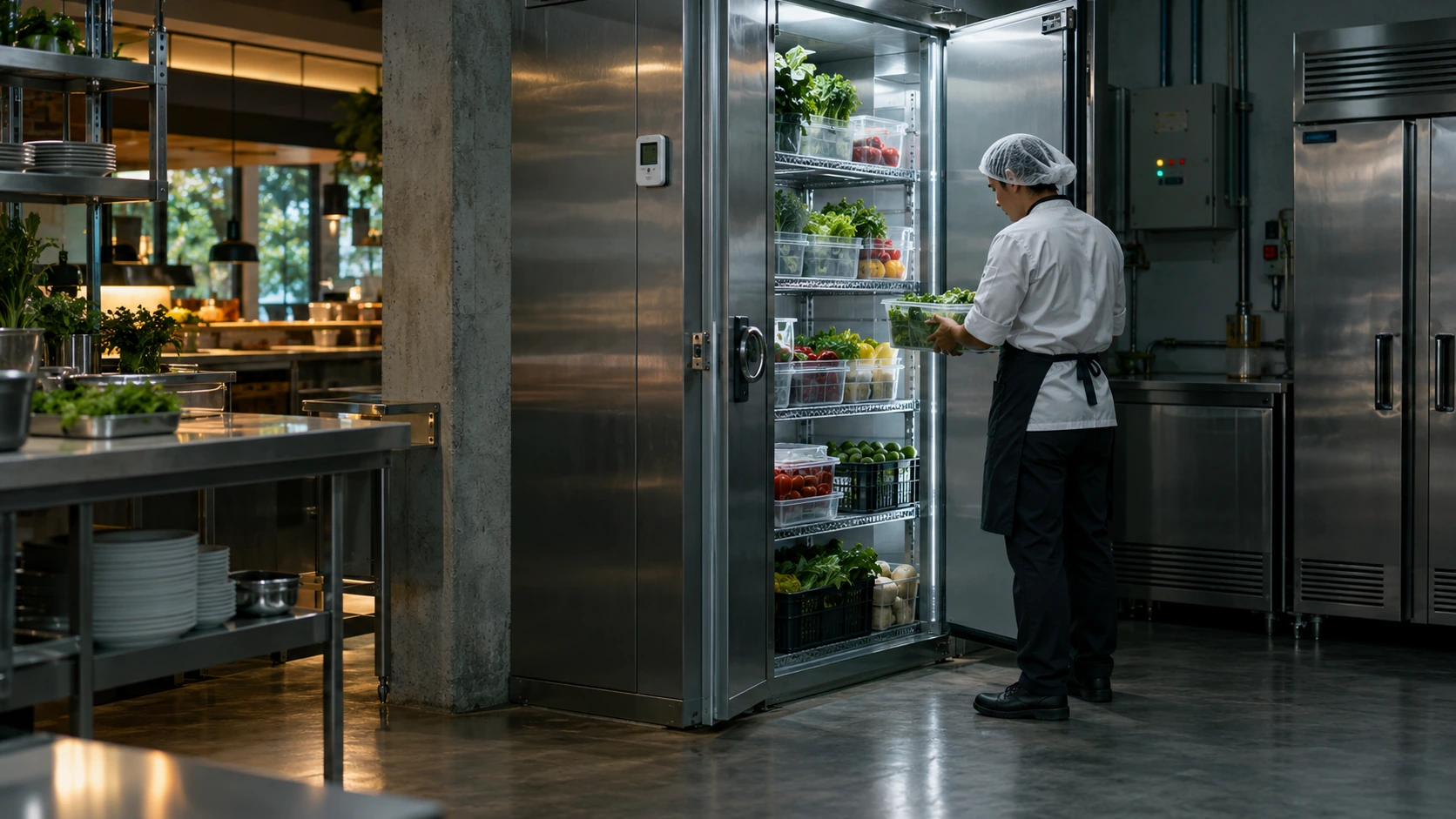 Cozinheira conferindo a câmara fria e os refrigeradores de um restaurante, com sensores de temperatura e painel de energia conectados