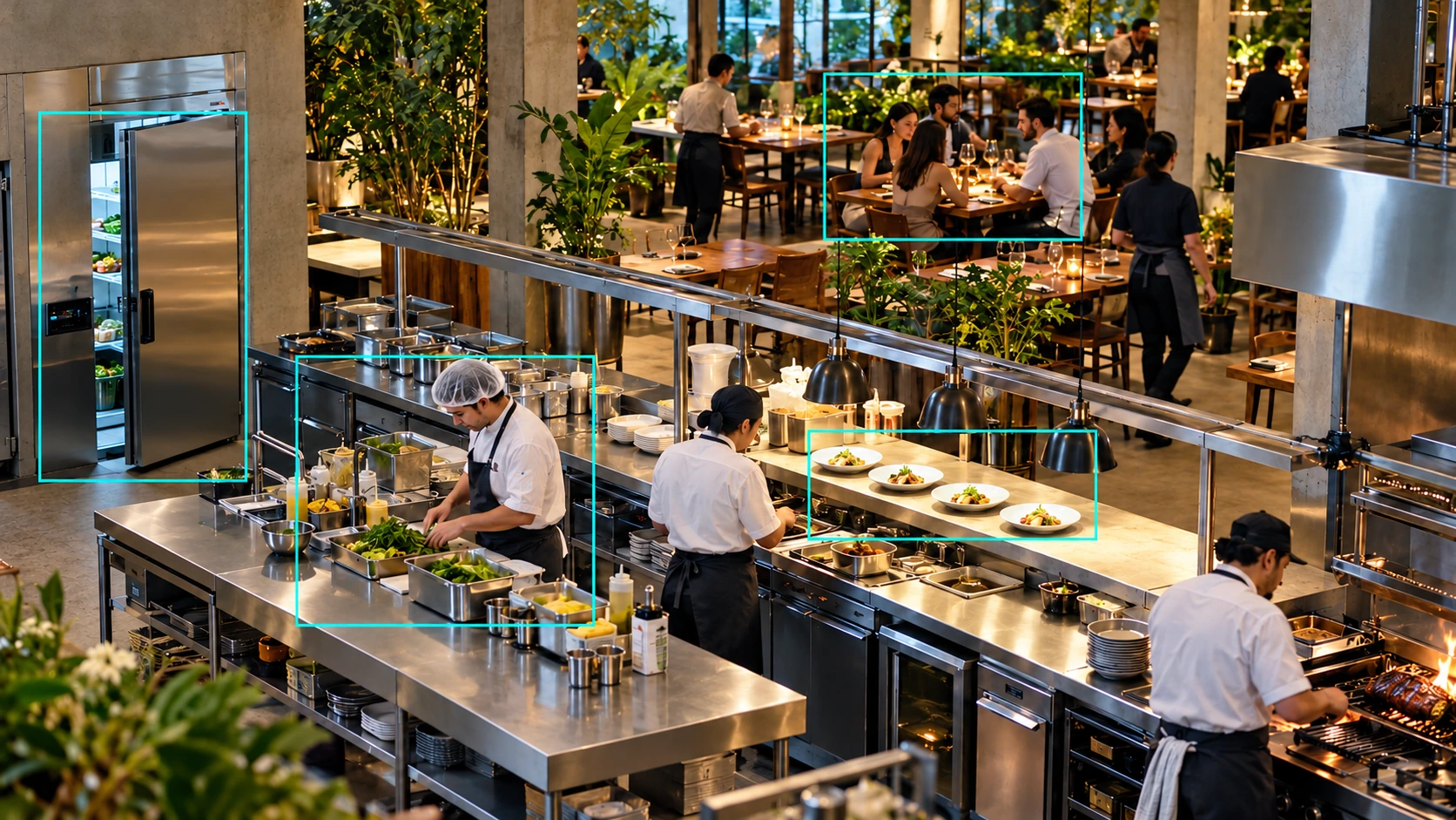 Inteligência artificial identificando uso de touca e luva na cozinha, prato aguardando no passe, mesa sem atendimento e porta da câmara fria aberta em um restaurante