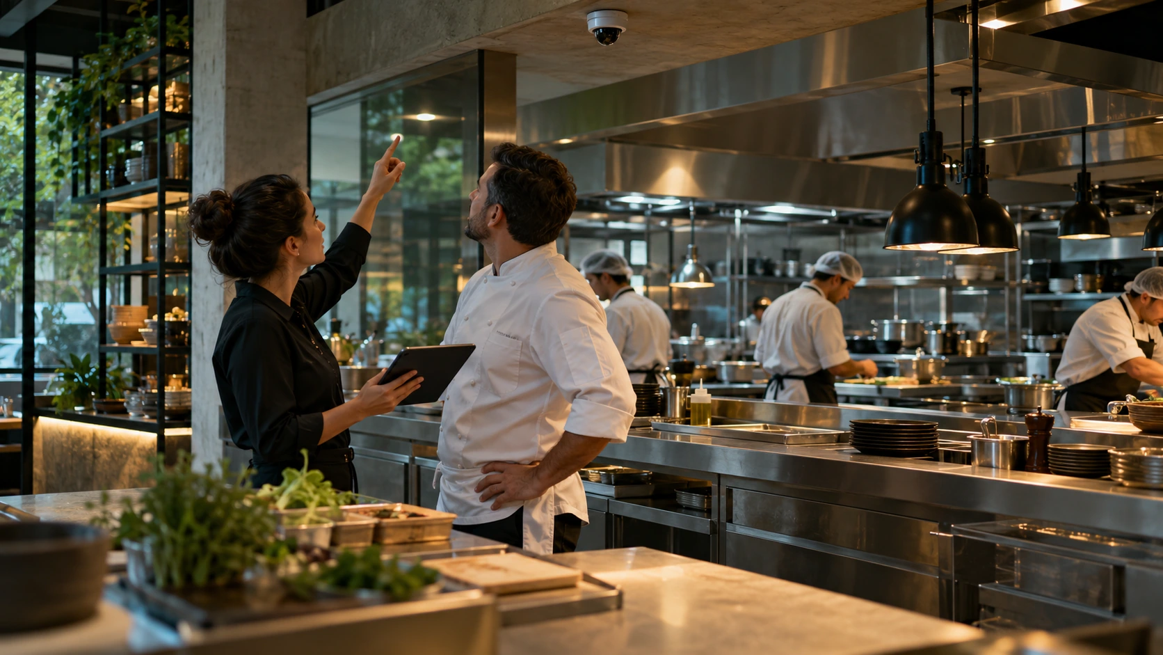 Especialista técnico e gerente de restaurante validando uma instalação-piloto com a cozinha em funcionamento