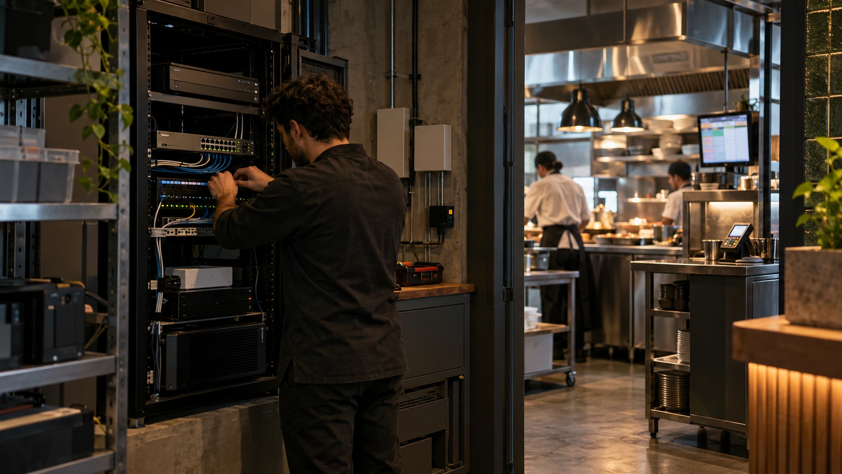 Técnico integrando gravador, câmeras, sensores de temperatura, PDV e tela de pedidos da cozinha de um restaurante
