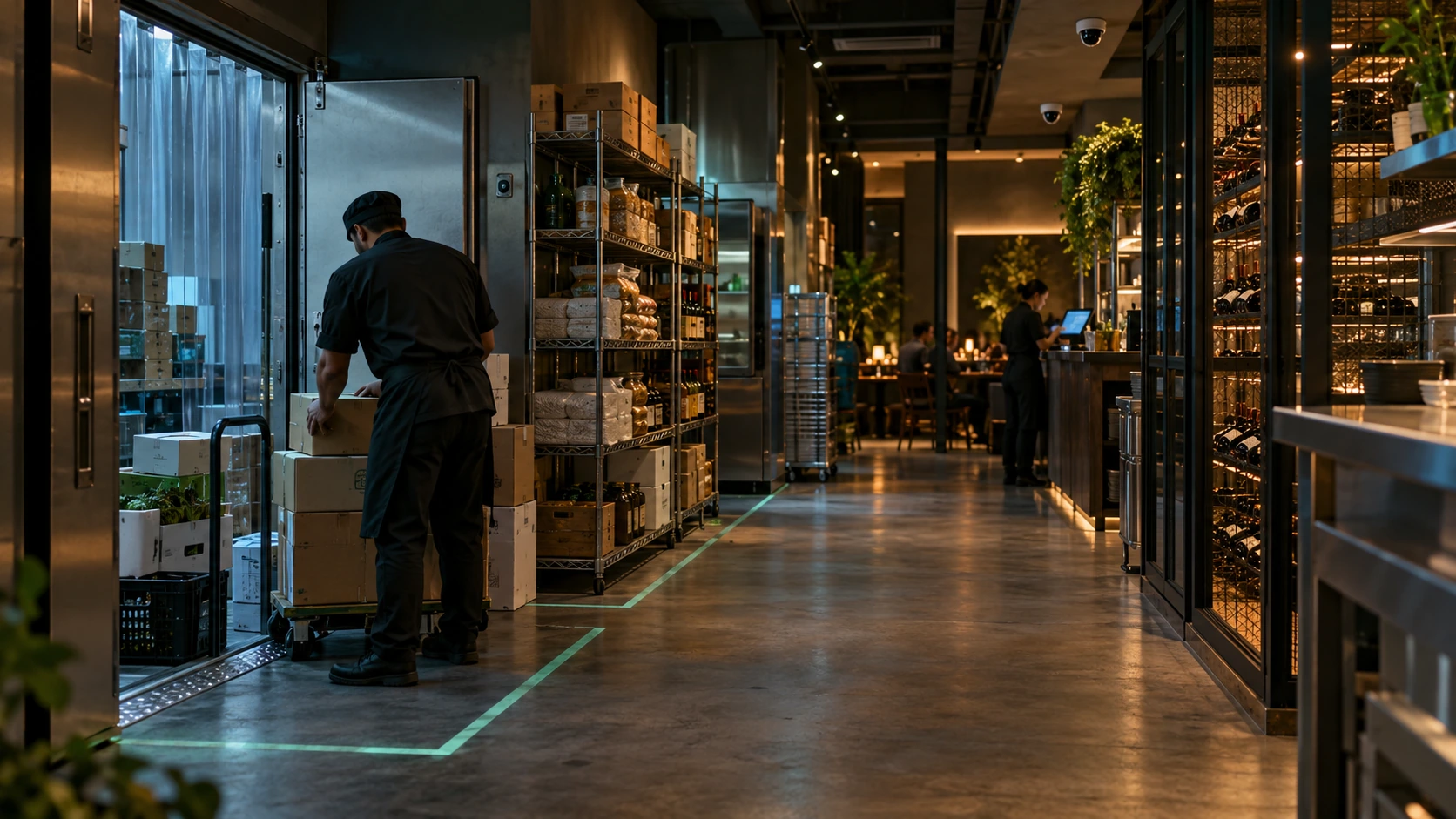 Monitoramento por zonas do caixa, do estoque, da adega, do recebimento de mercadorias e da porta dos fundos de um restaurante