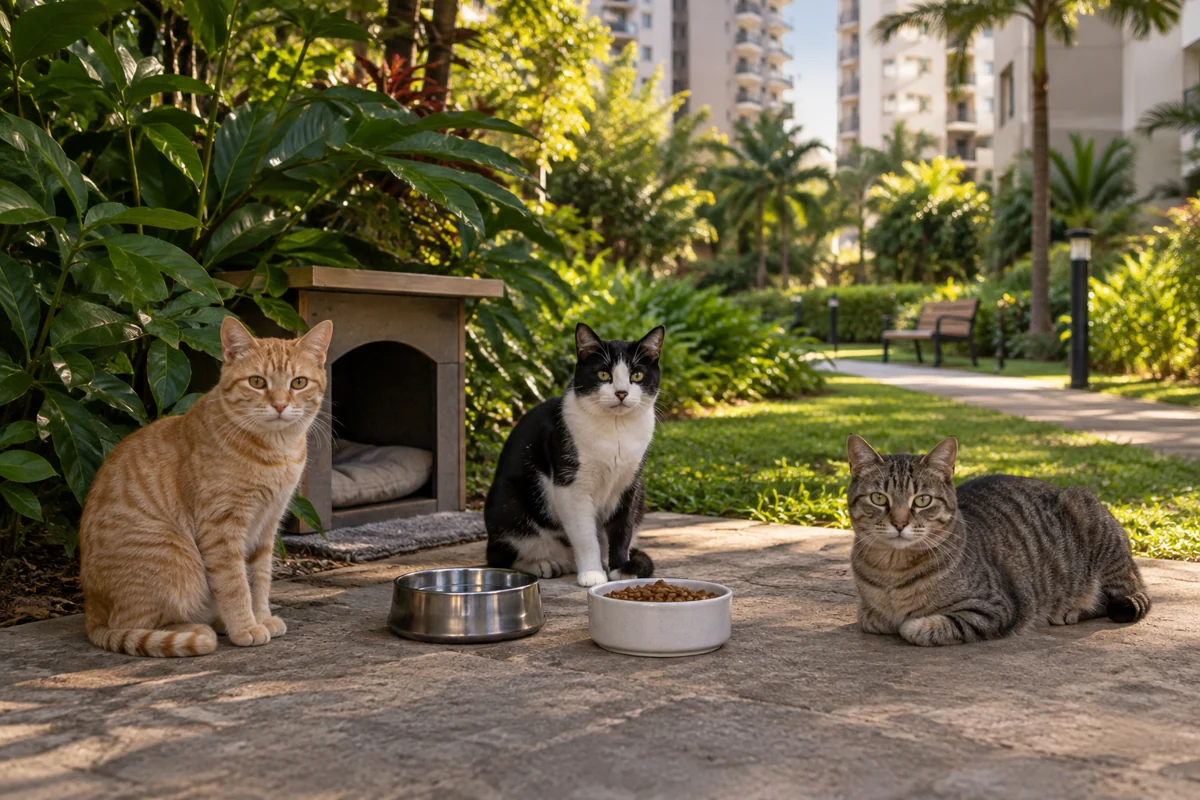 Três gatos em um ponto organizado de água e alimentação no jardim de um condomínio. Cena ilustrativa gerada por IA.