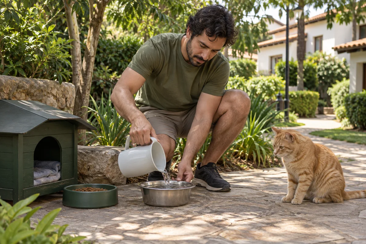 Cuidador repõe água em um ponto de cuidado no jardim, acompanhado por um gato alaranjado. Cena ilustrativa gerada por IA.