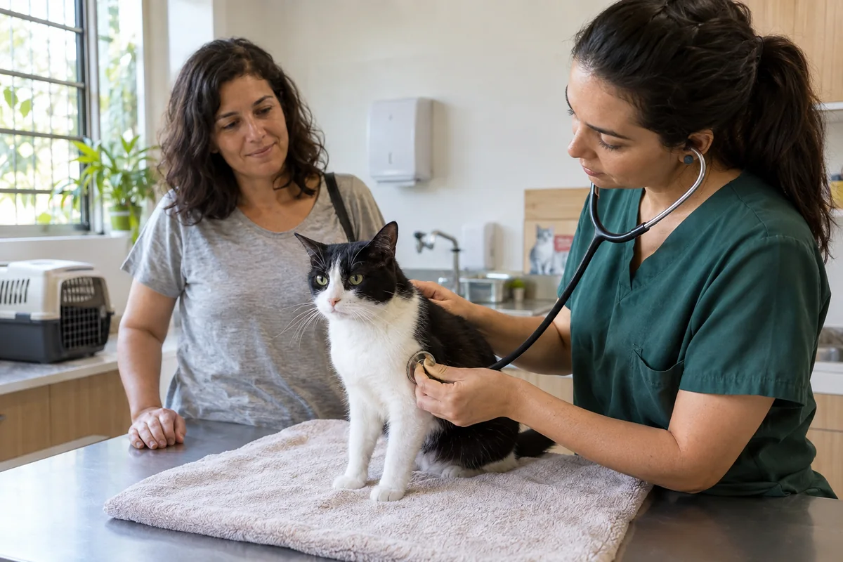 Veterinária examina um gato preto e branco com estetoscópio, acompanhada por uma cuidadora. Cena ilustrativa gerada por IA.