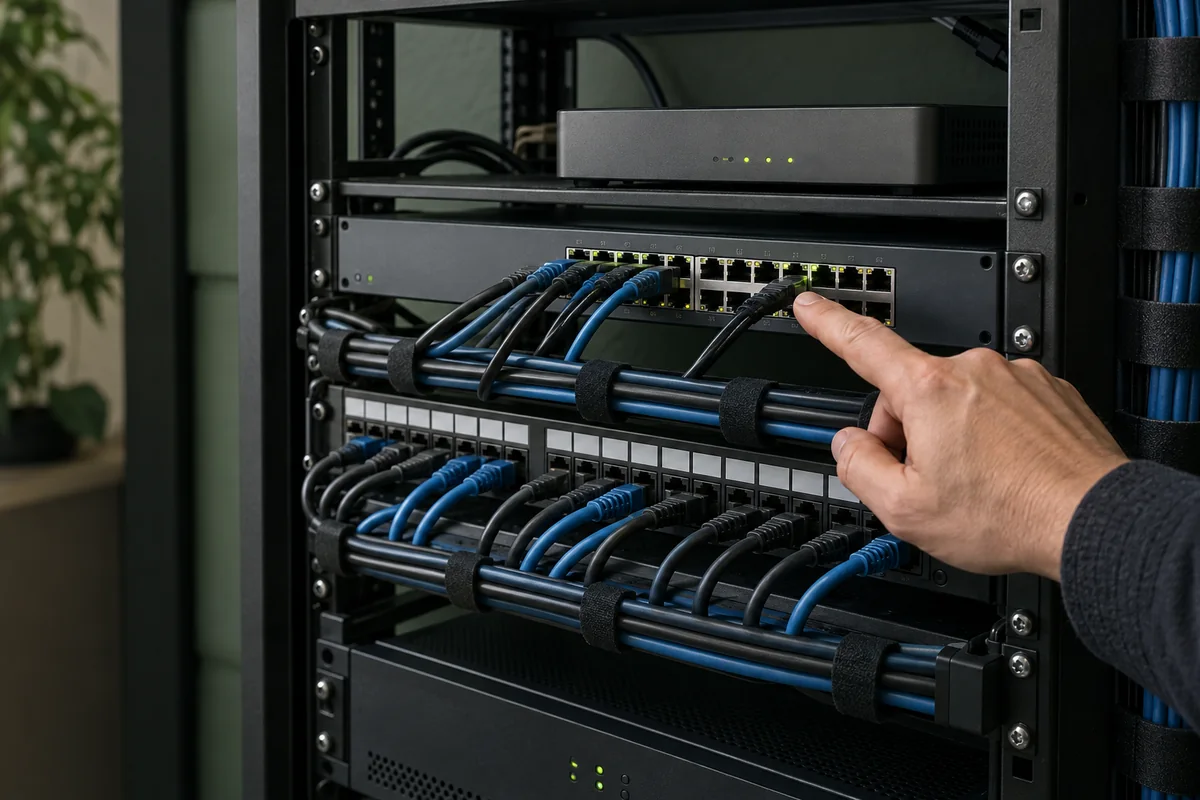 Detalhe de cabos, switch e gateway em um rack de rede. Cena ilustrativa gerada por IA.