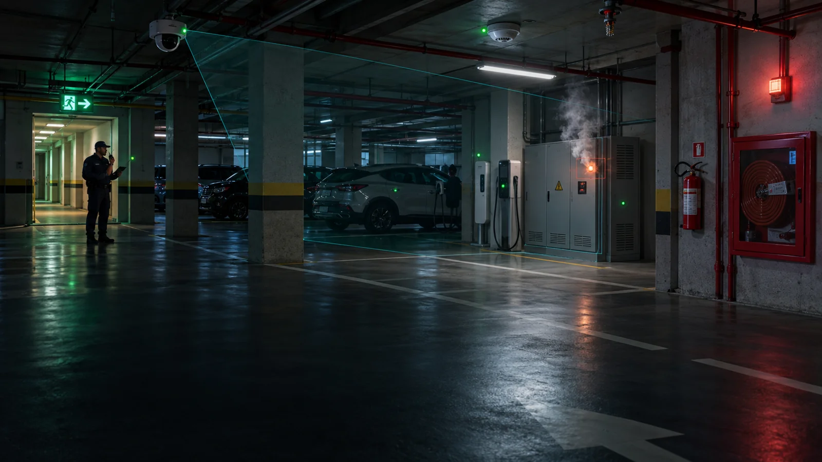 Garagem com indício de fumaça em área elétrica e infraestrutura de emergência. Cena ilustrativa.