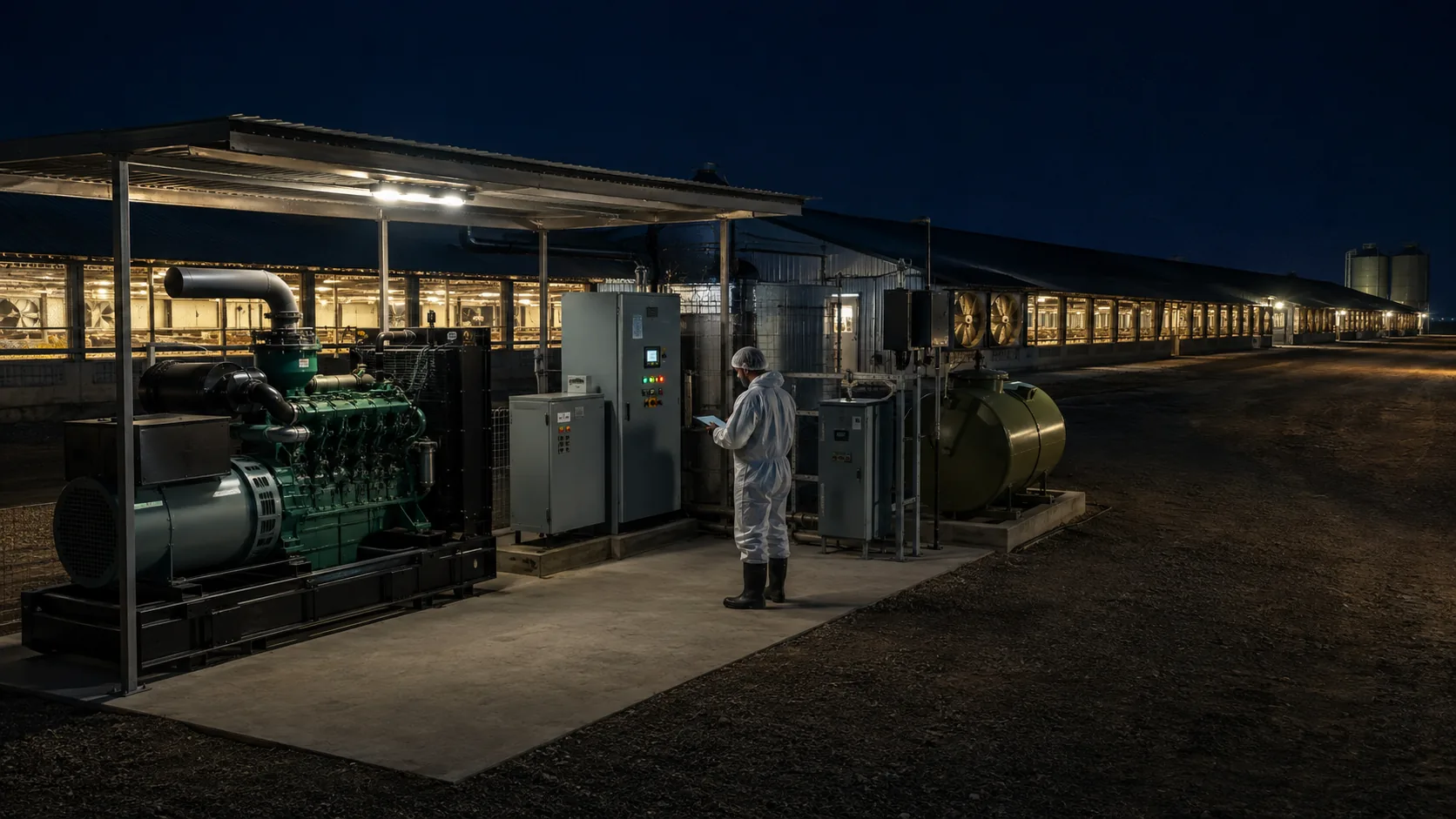 Ilustração de gerador, quadros elétricos e tanque de combustível junto a galpões iluminados