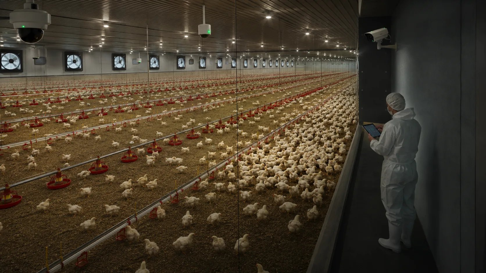 Ilustração de câmeras e linhas de alimentação em um galpão com maior concentração de aves na lateral