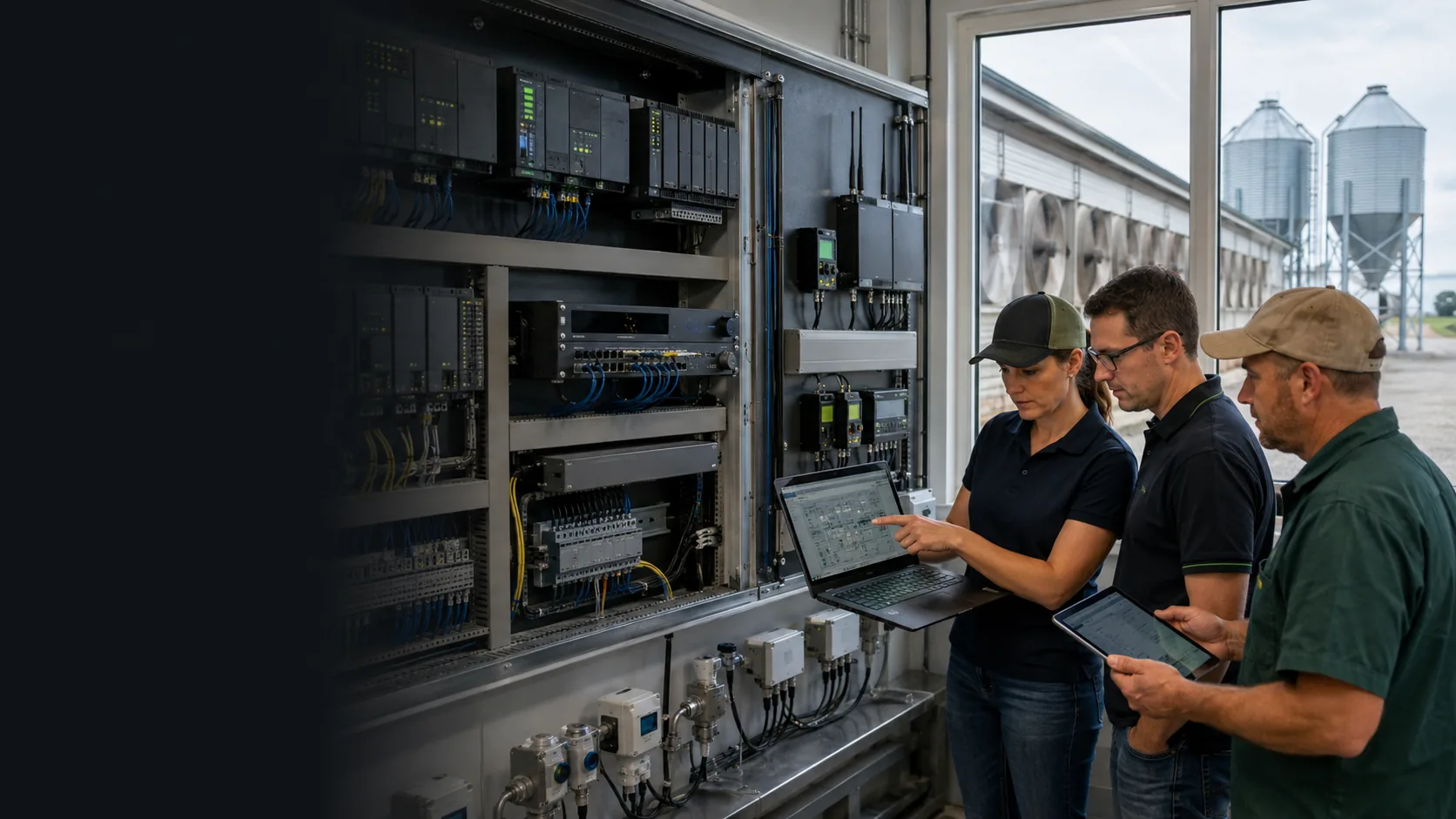 Ilustração de equipe técnica conferindo controladores, infraestrutura de rede e conexões de sensores