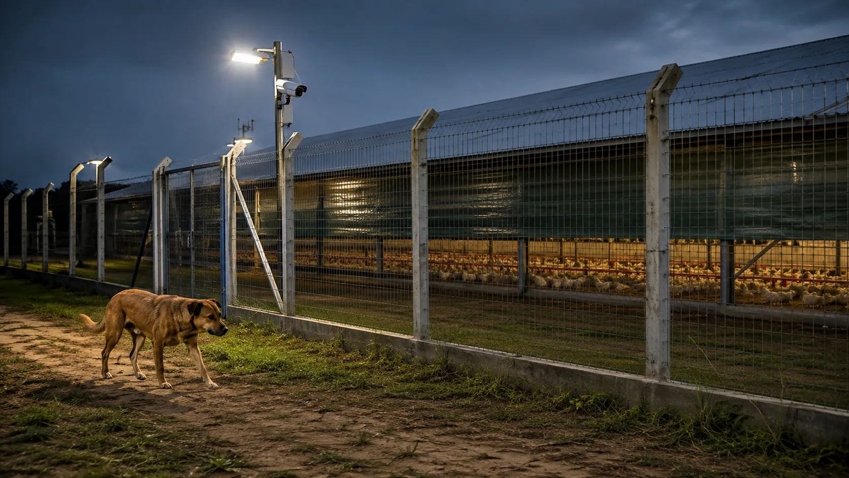 Ilustração de cão do lado de fora da cerca de uma granja, com câmera e iluminação voltadas para o perímetro