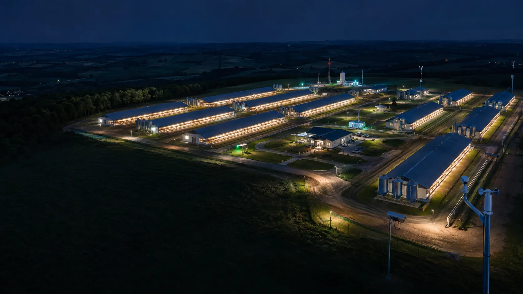 Ilustração de uma unidade avícola com vários galpões, silos e vias internas