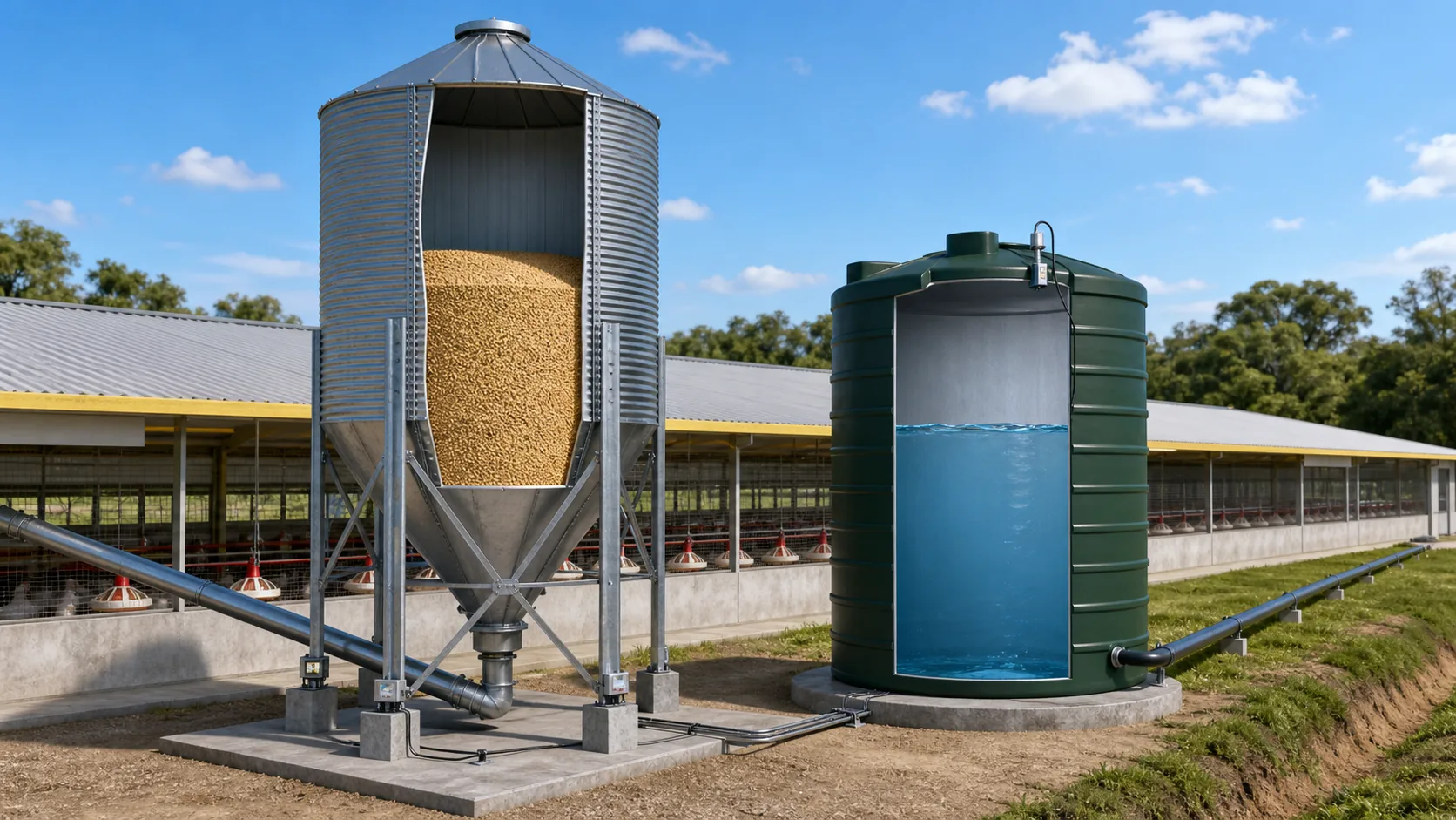 Representação em corte de silo com ração e reservatório com água, mostrando as reservas e os componentes de medição