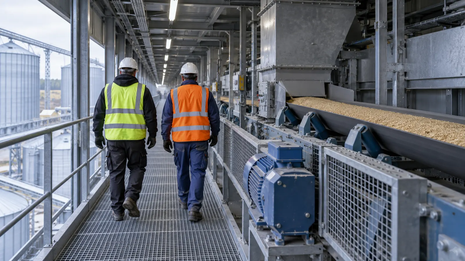 Dois trabalhadores caminhando pelo acesso do túnel industrial, vistos por trás.