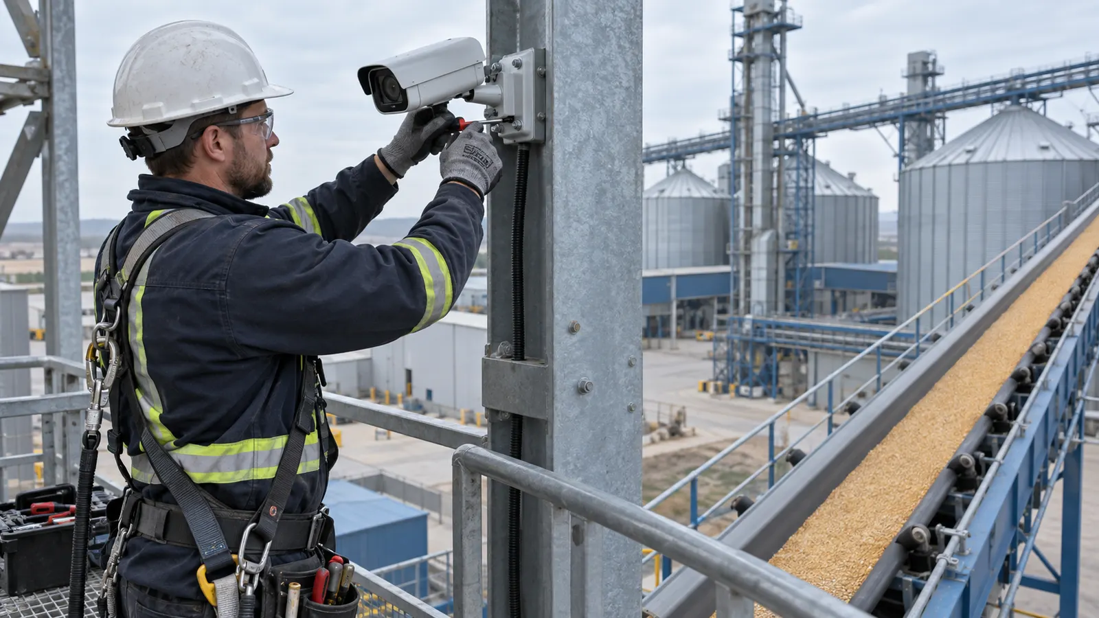 Técnico instalando uma câmera industrial em estrutura metálica voltada à correia.