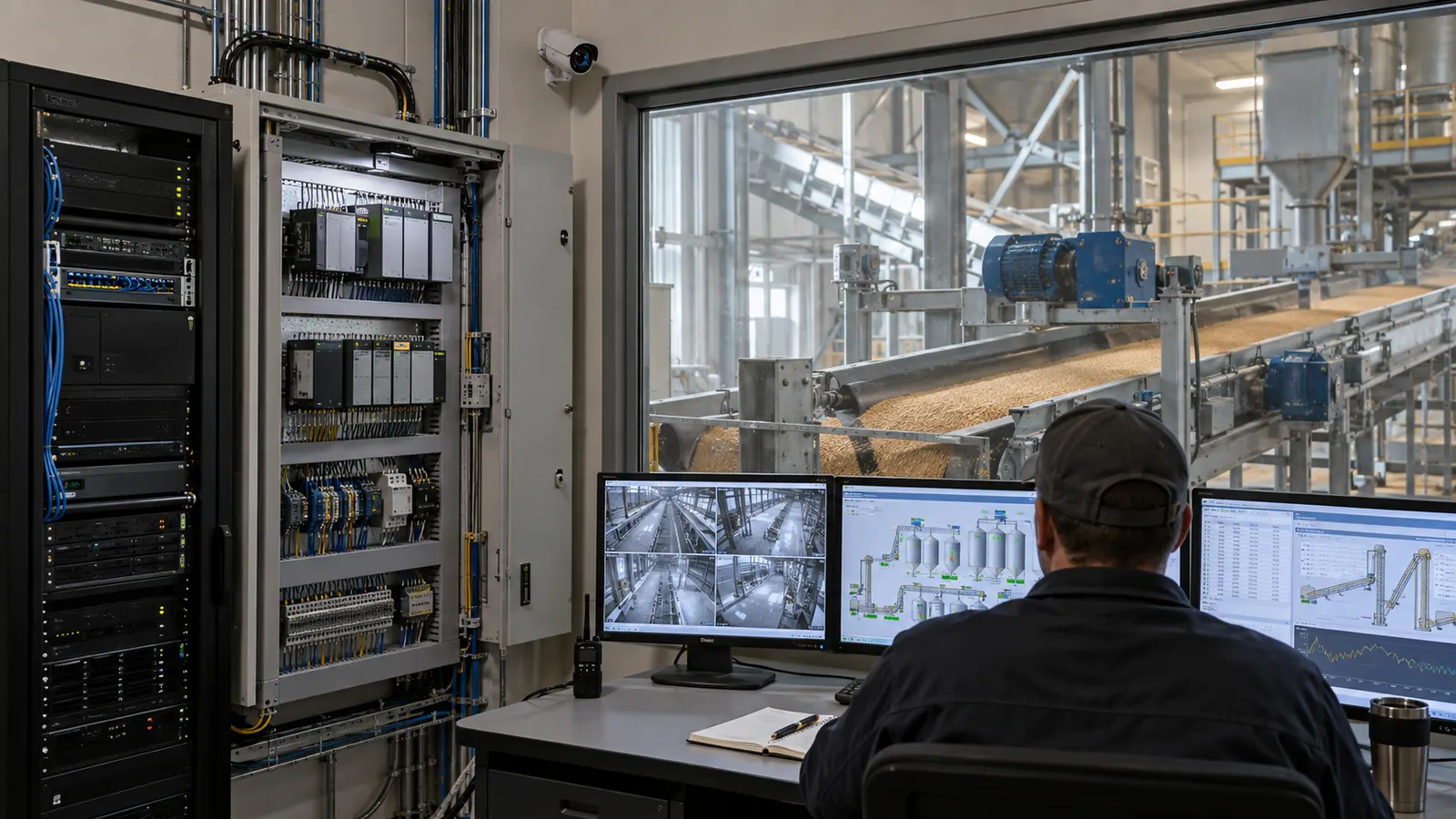 Infraestrutura industrial com câmera, rack NVR, módulos PLC e telas de supervisão.
