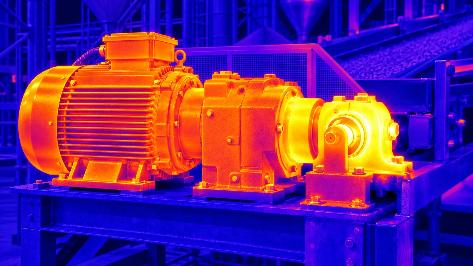 Representação termográfica do mesmo motor, com regiões mais quentes no acionamento e mancal.