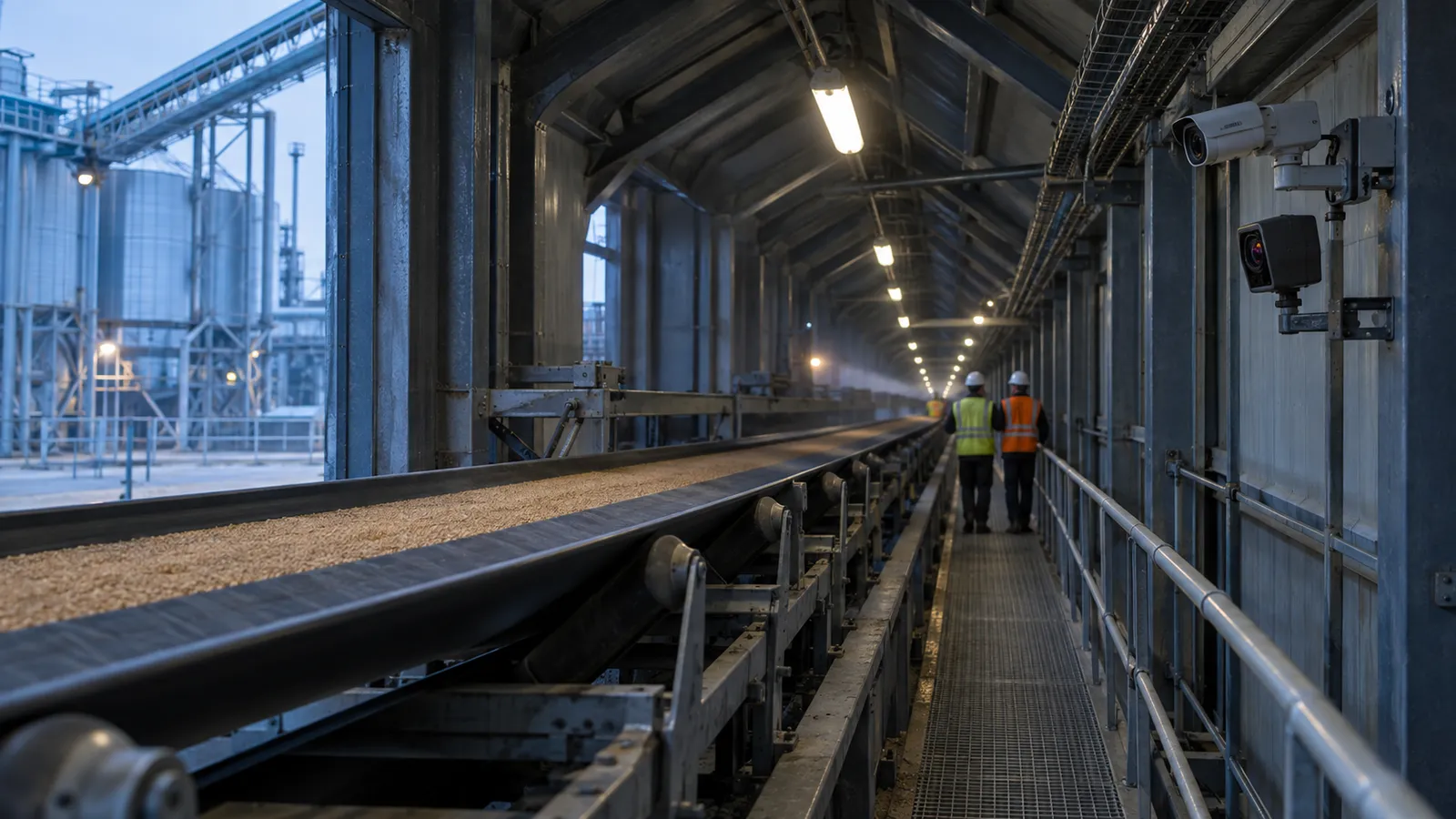 Túnel de correia com motores, iluminação industrial e trabalhadores em circulação.