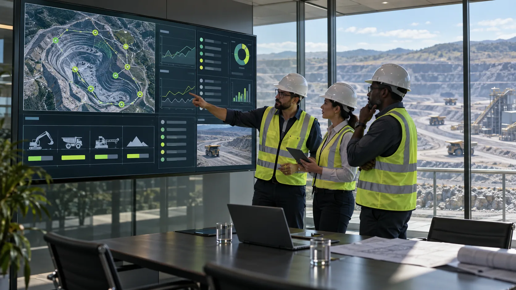 Cena ilustrativa de gestores de mineração analisando mapa da mina, tendências do ciclo, eventos e disponibilidade das fontes em um painel consolidado