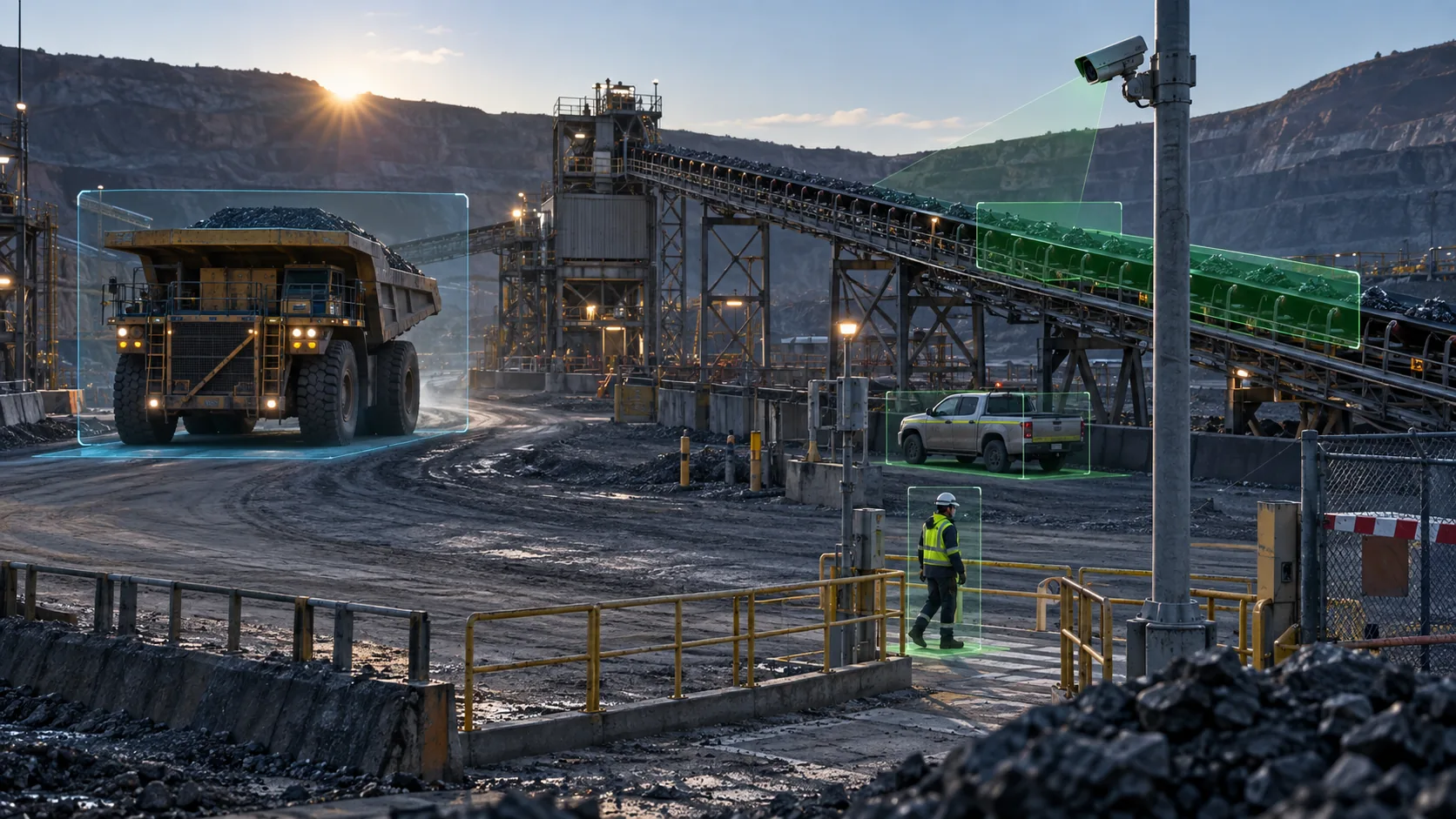 Cena ilustrativa de caminhão fora de estrada, veículo leve, trabalhador com EPI e correia transportadora acompanhados por visão computacional em uma operação de mineração