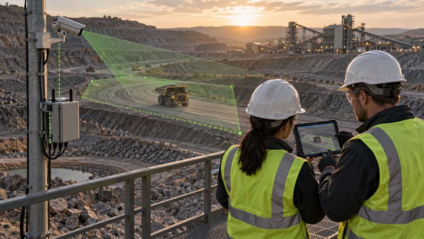 Cena ilustrativa de engenheiro e responsável da mineração validando em campo uma câmera, um gateway e uma zona de monitoramento de via durante projeto-piloto