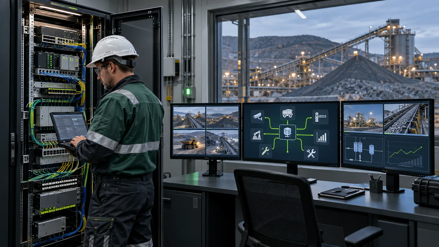 Cena ilustrativa de engenheiro integrando gateway industrial, rede, câmeras, telemetria, acesso, manutenção e dados de processo em uma planta de mineração