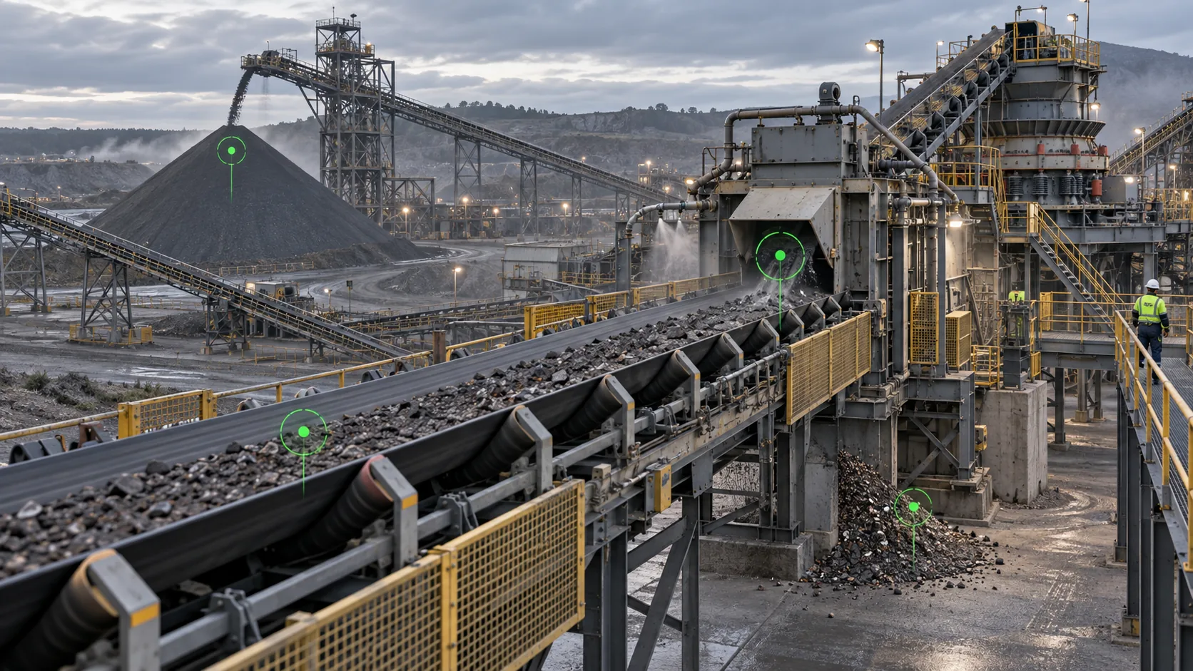 Cena ilustrativa de correias transportadoras, britador, ponto de transferência e pilha de minério monitorados em uma planta de mineração