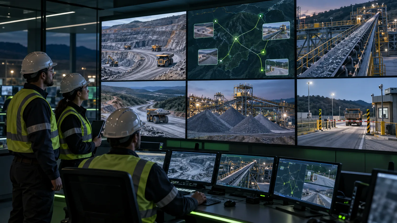Cena ilustrativa de uma central de operações acompanhando cava, frota, vias, britagem, correias, pátios e acesso de diferentes áreas de mineração