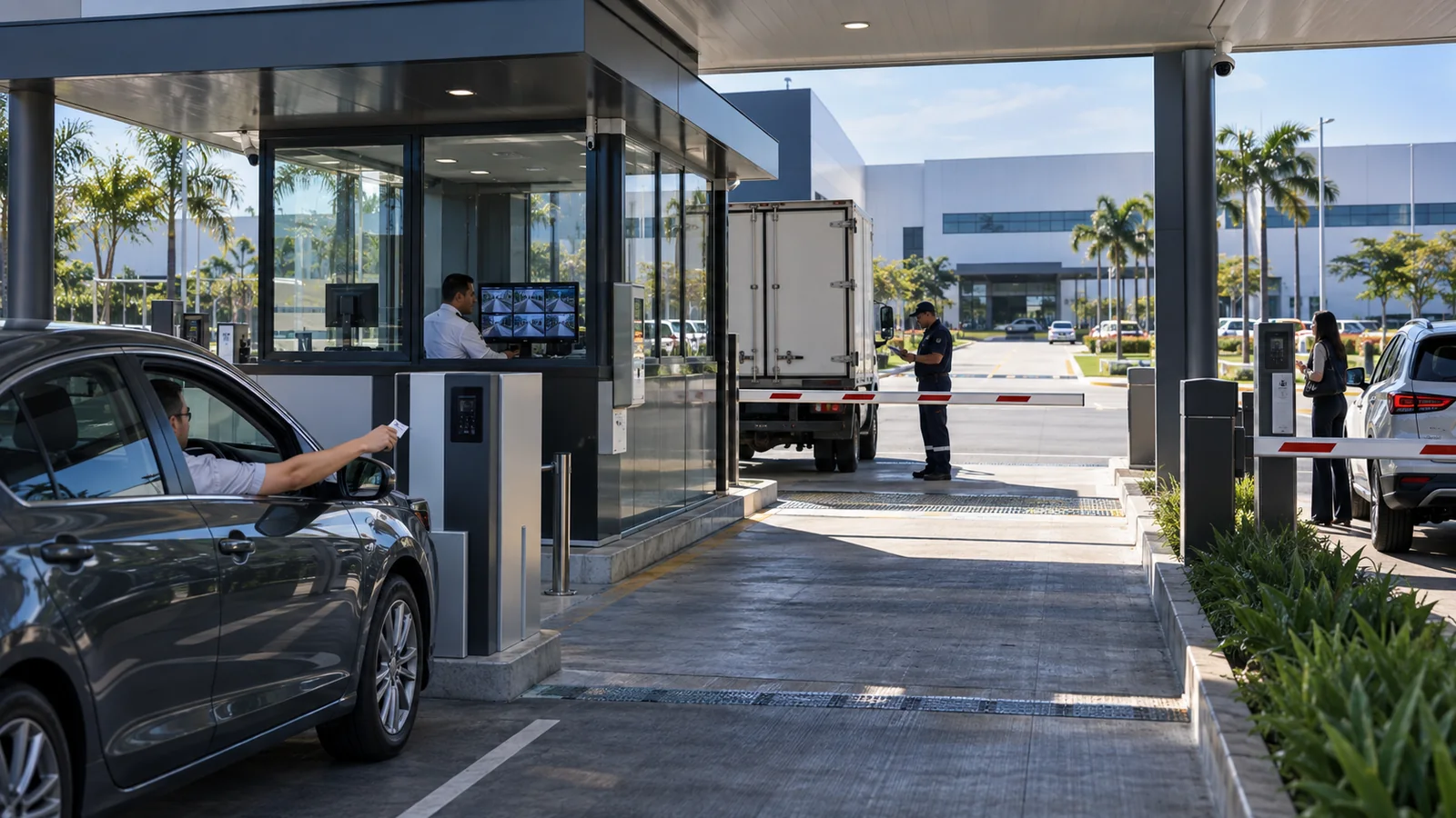 Portaria empresarial controlando acessos de funcionários, visitantes e veículos.