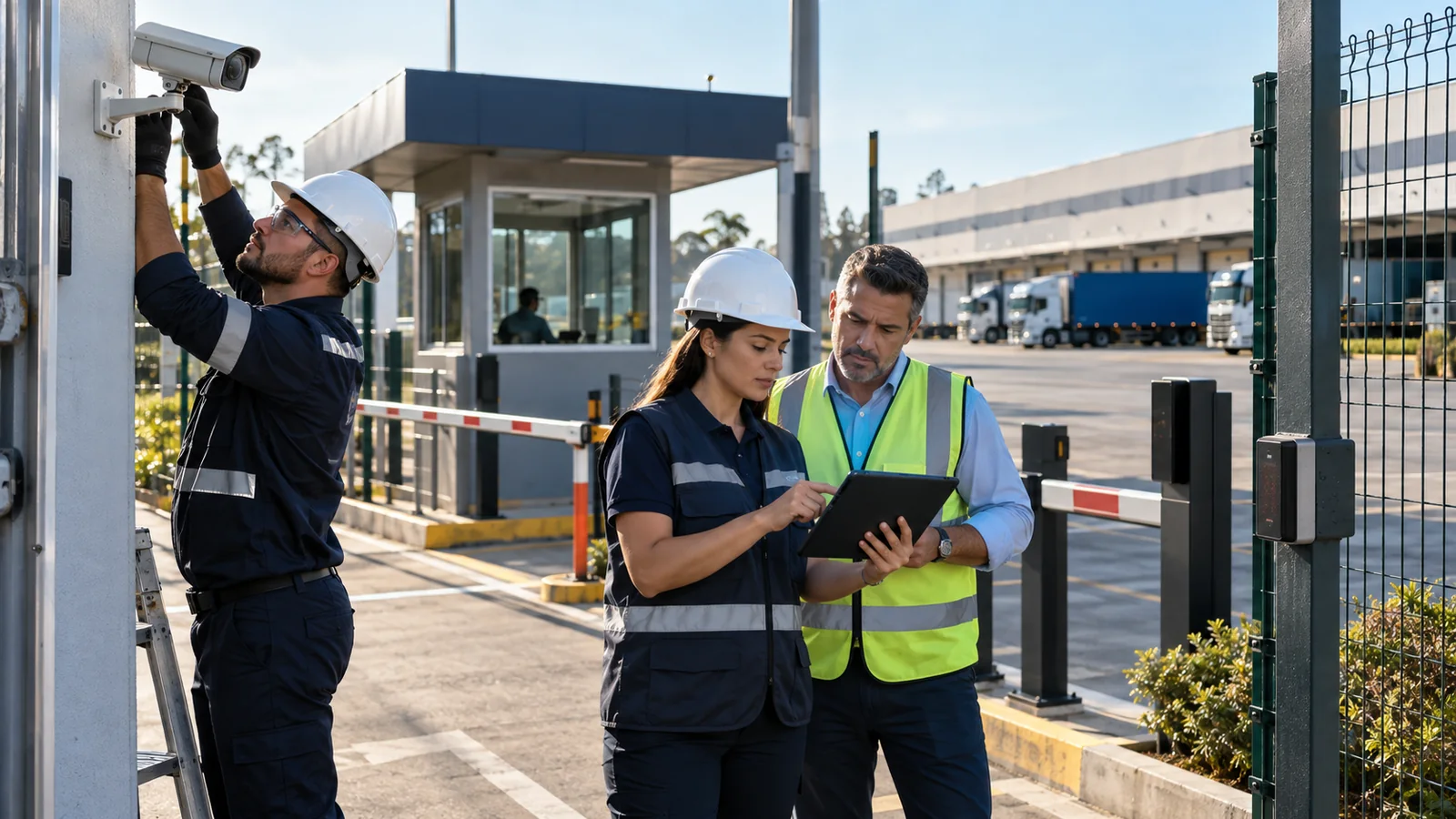 Equipe técnica avaliando câmeras, portaria, rede e sensores para um projeto-piloto.