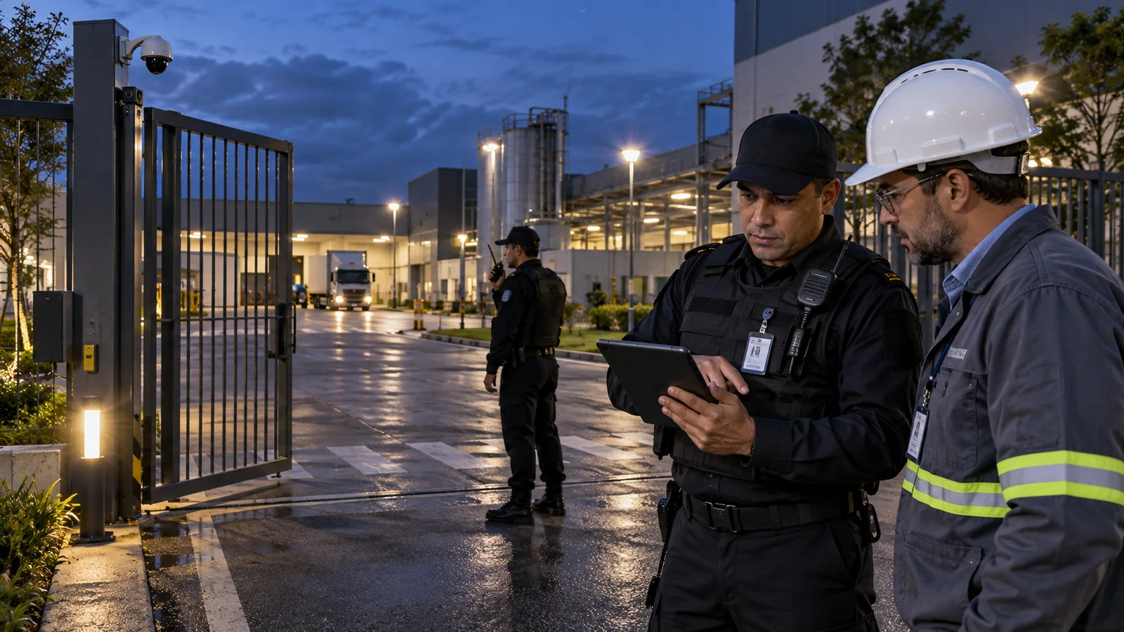Supervisor de segurança e técnico verificando uma ocorrência em portão industrial.