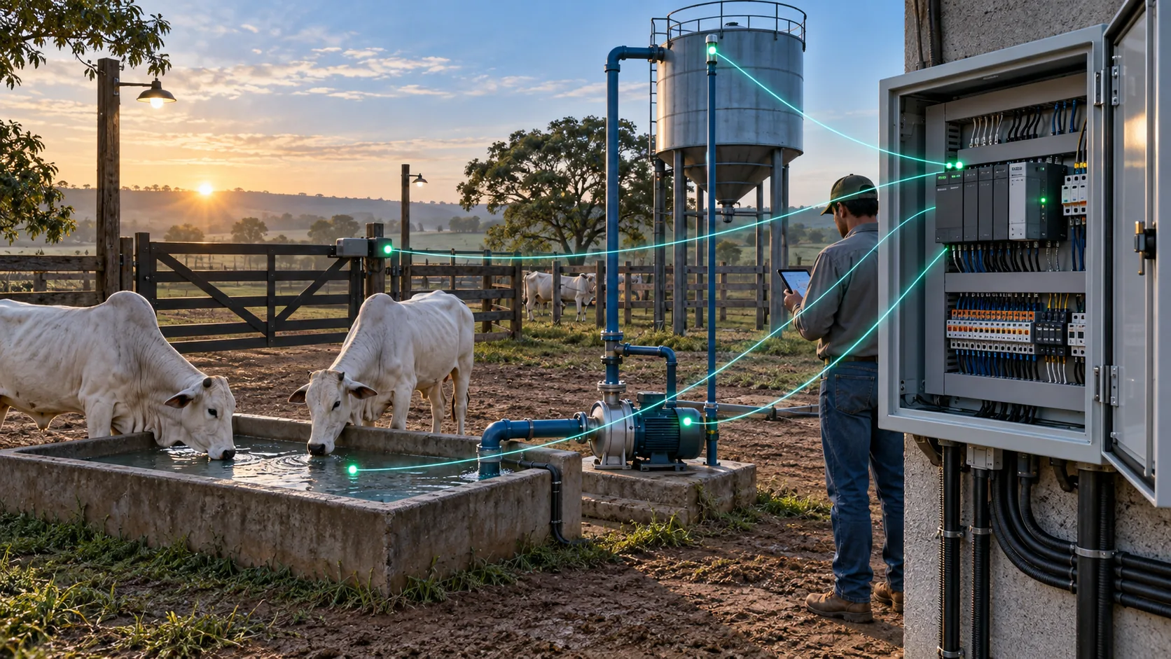 Cena ilustrativa de painel de controle conectado à bomba de água, reservatório, bebedouro e porteira de uma fazenda pecuária