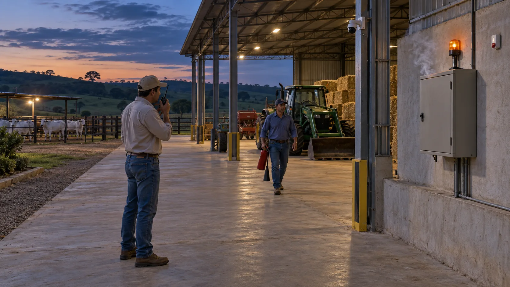 Cena ilustrativa de detecção inicial de fumaça em área técnica de uma propriedade pecuária, com equipe acionando o protocolo de resposta