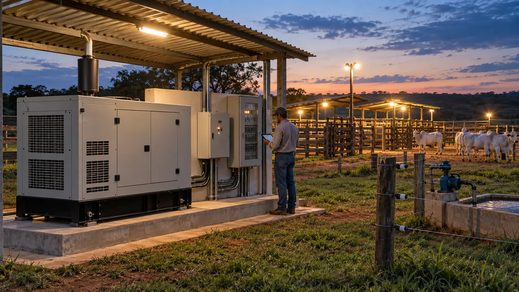 Cena ilustrativa de gerador, quadro de transferência e técnico acompanhando a continuidade elétrica de uma fazenda pecuária
