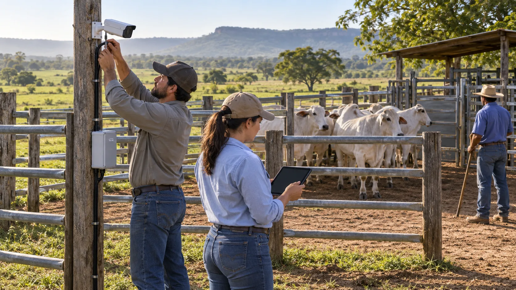 Cena ilustrativa de equipe instalando e validando um projeto-piloto de monitoramento em uma área delimitada de manejo pecuário